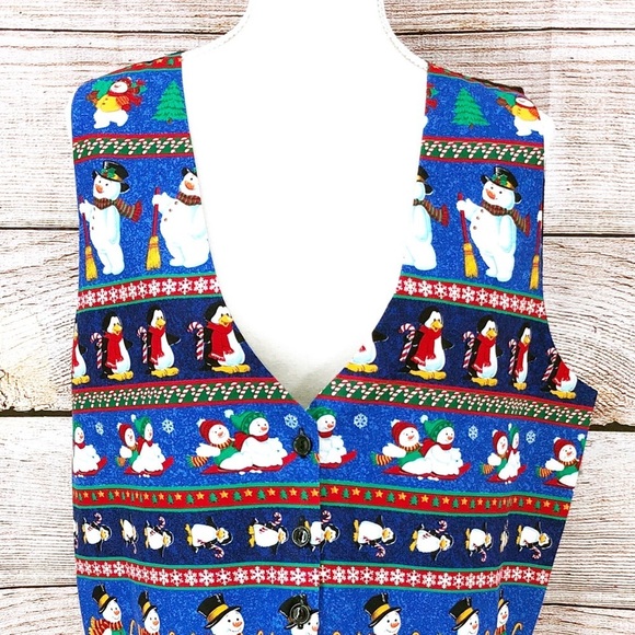 Vintage 111 Main Blue and Black Festive Snowman and Penguin Vest Size L - Picture 10 of 10